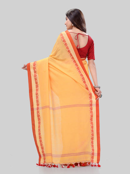 Women's Traditional Bengali Tant Handloom Yellow Cotton Saree