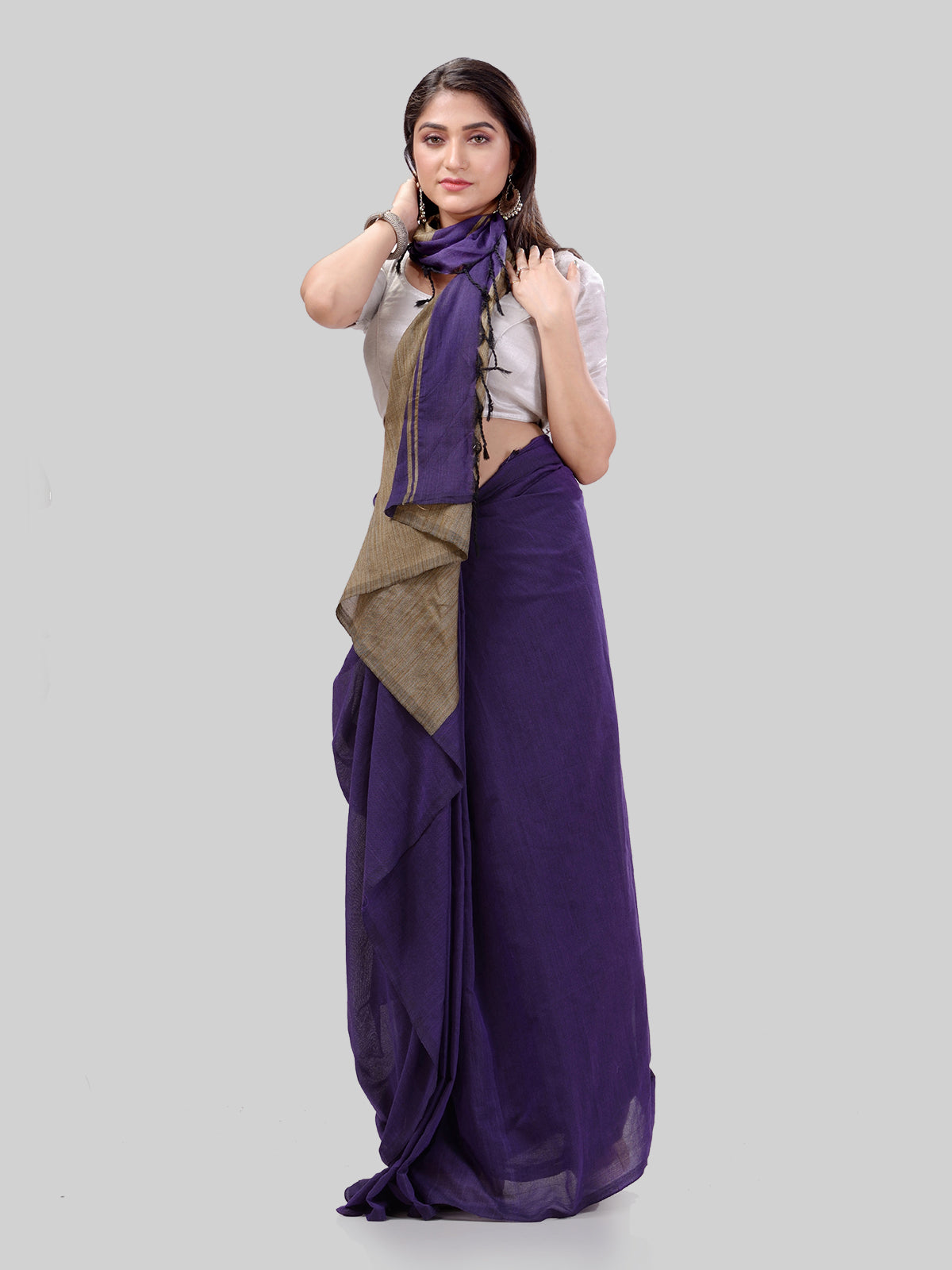 Women's Cotton Navy Blue Handloom Rupsagar Design Saree