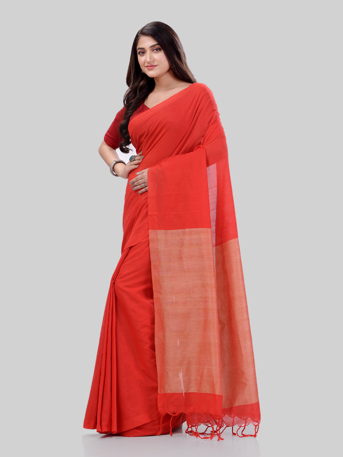 Women's Cotton Red Handloom Rupsagar Design Saree