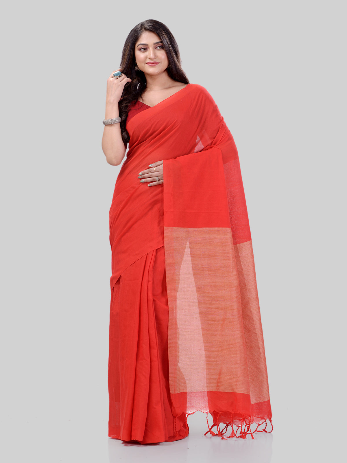 Women's Cotton Red Handloom Rupsagar Design Saree