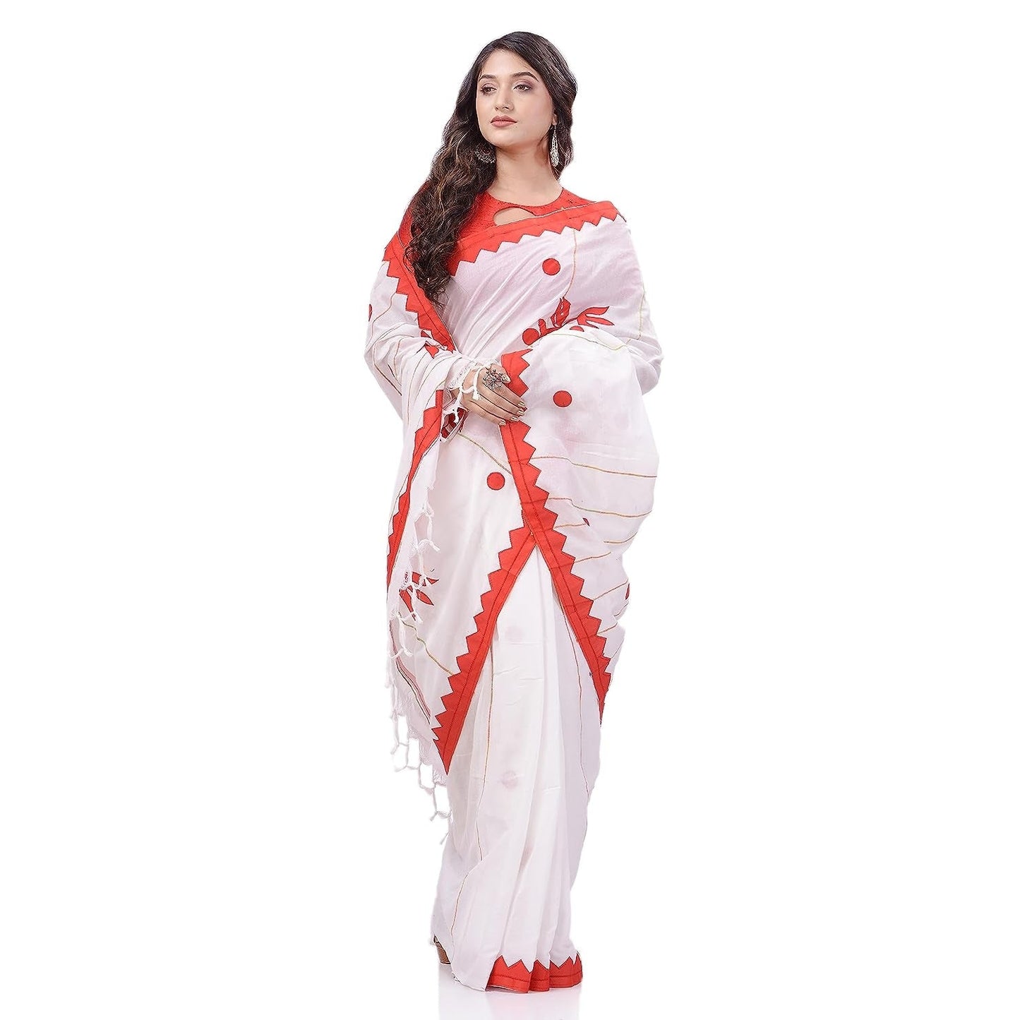 Women's Bengali Khesh Cotton Handloom Saree Trinayani Durga Designed With Blouse Piece