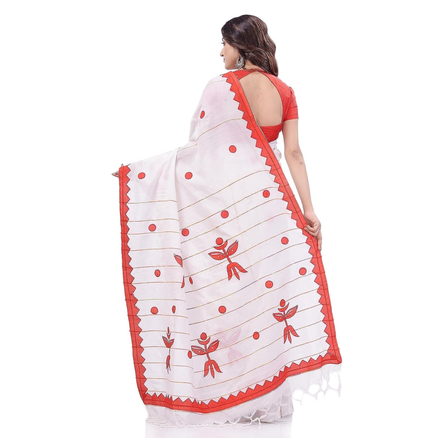 Women's Bengali Khesh Cotton Handloom Saree Trinayani Durga Designed With Blouse Piece