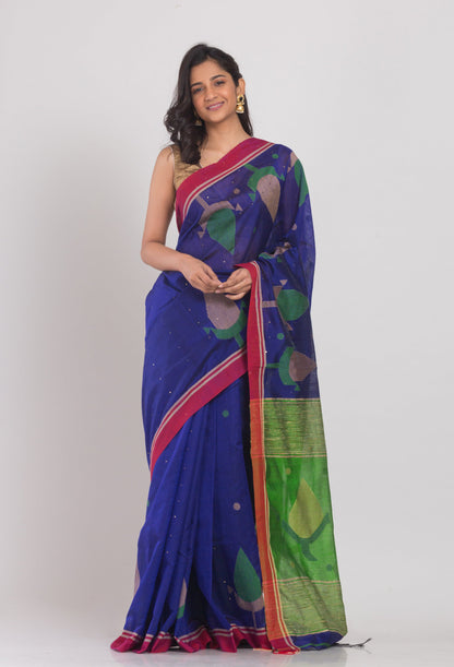 Women's Blue Cotton Blend Handloom Jamdani Saree