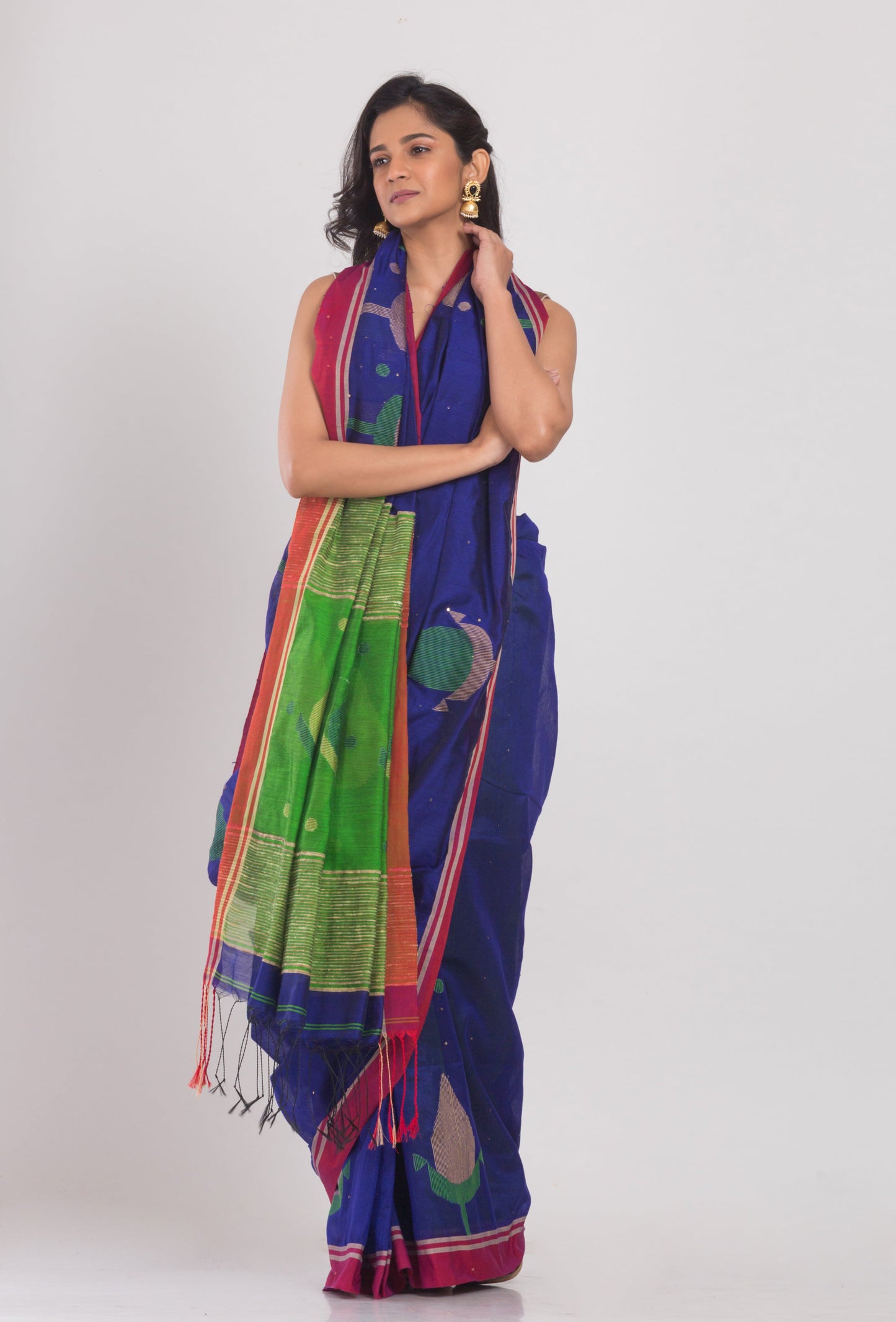 Women's Blue Cotton Blend Handloom Jamdani Saree