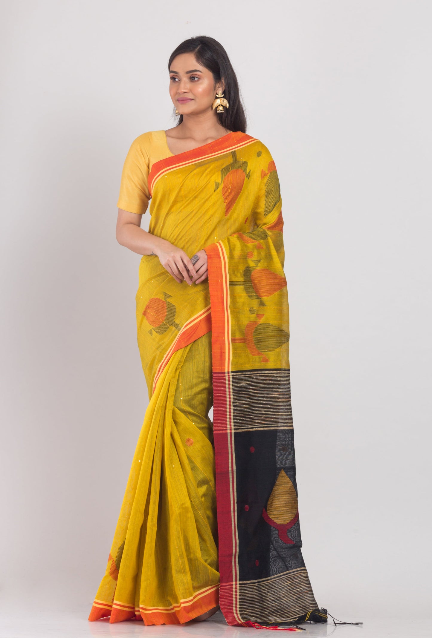 Women's Yellow Cotton Blend Handloom Jamdani Saree