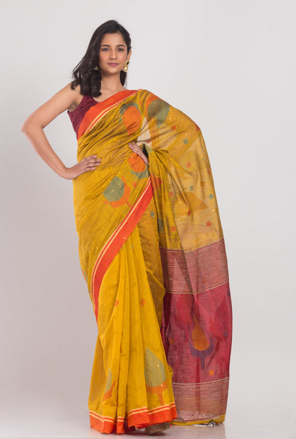 Women's Yellow Cotton Blend Handloom Jamdani Saree