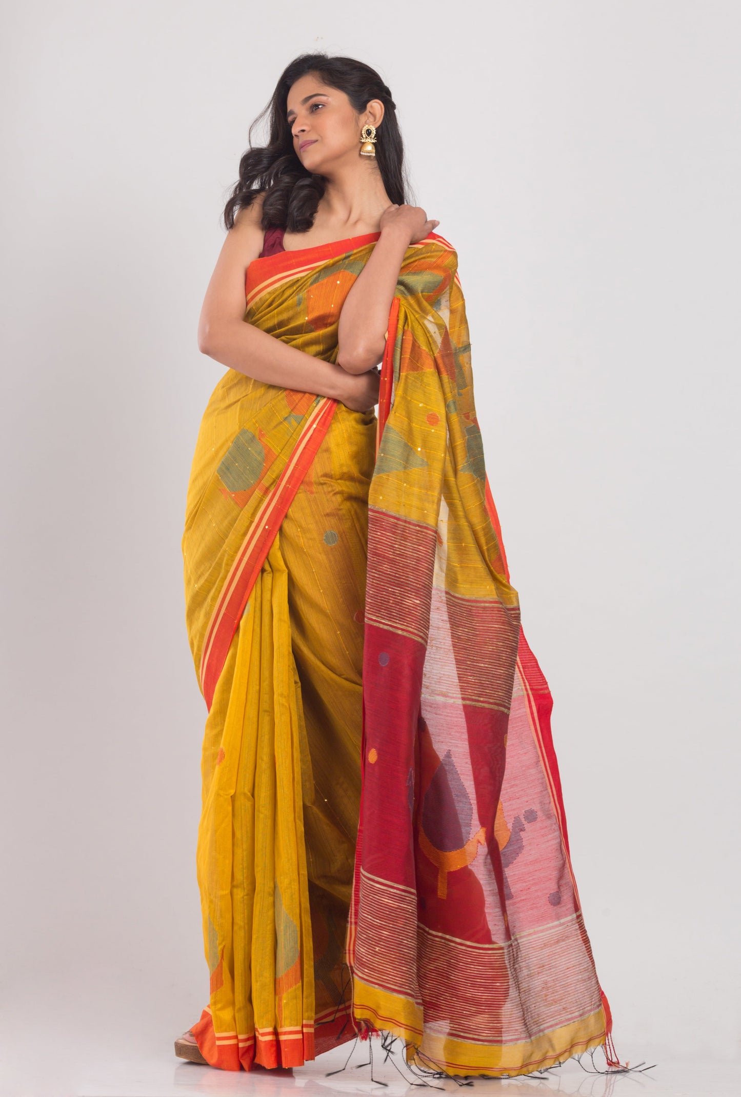 Women's Yellow Cotton Blend Handloom Jamdani Saree