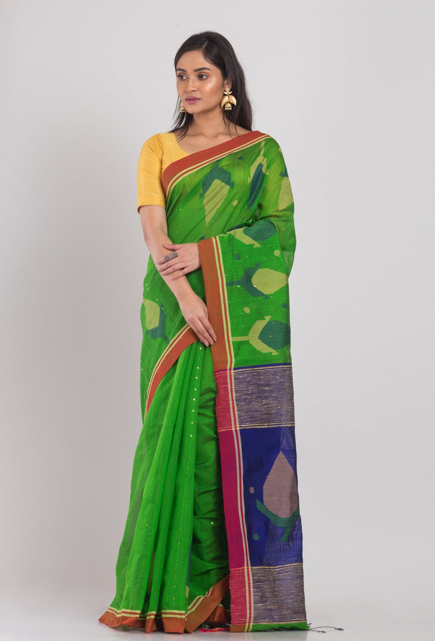 Women's Green Cotton Blend Handloom Jamdani Saree