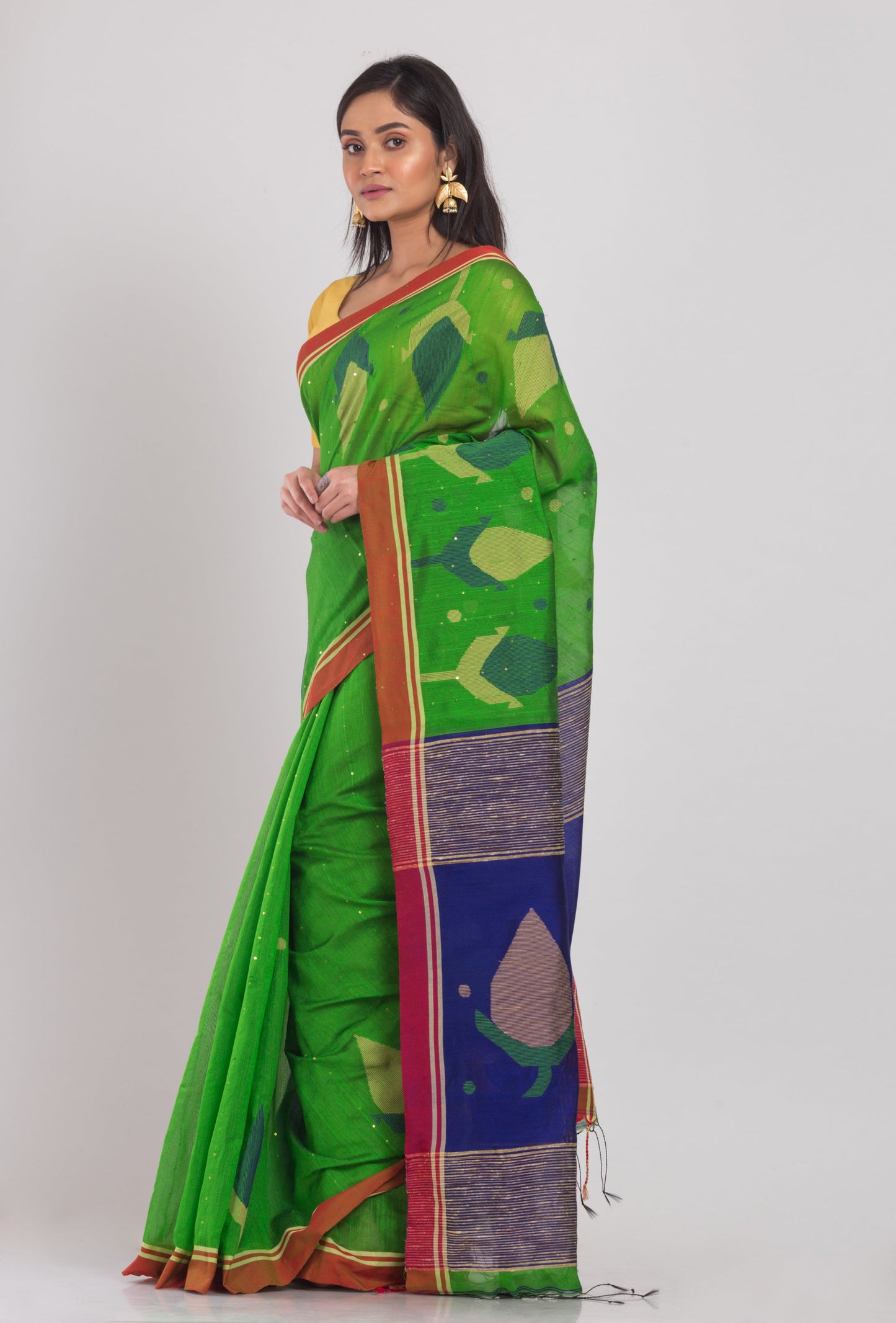 Women's Green Cotton Blend Handloom Jamdani Saree
