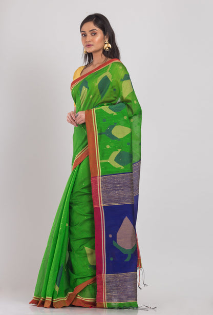 Women's Green Cotton Blend Handloom Jamdani Saree