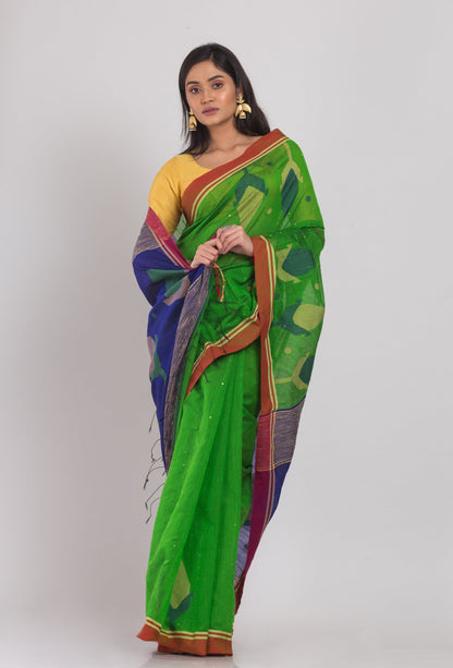 Women's Green Cotton Blend Handloom Jamdani Saree