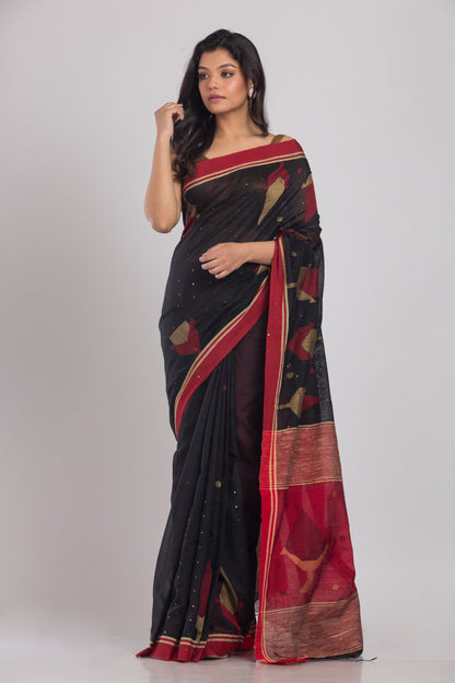 Women's Black Cotton Blend Handloom Jamdani Saree