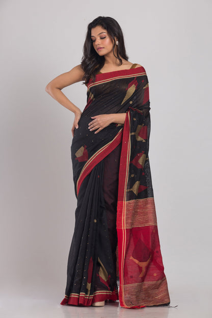 Women's Black Cotton Blend Handloom Jamdani Saree