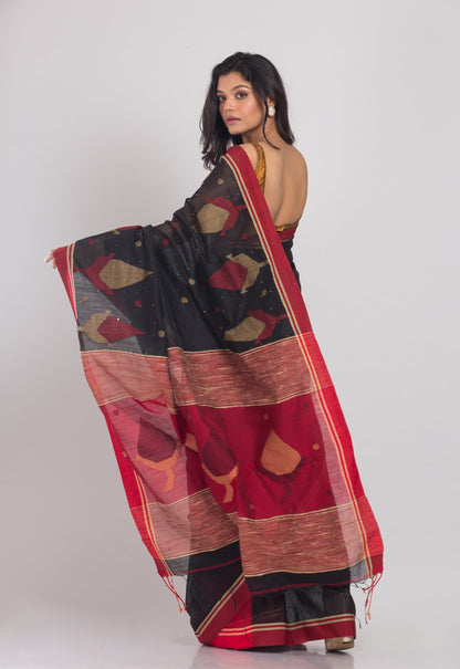 Women's Black Cotton Blend Handloom Jamdani Saree