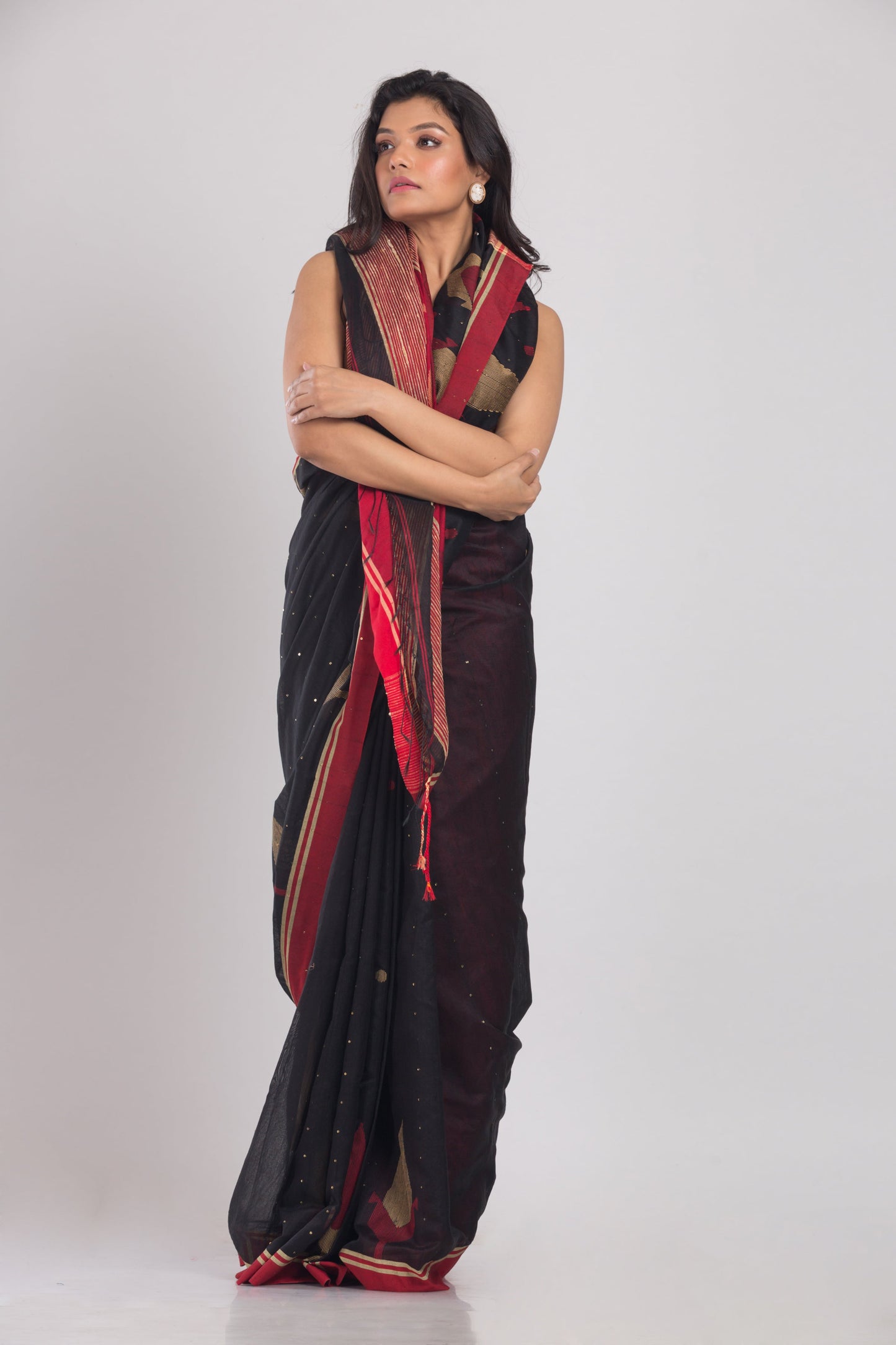 Women's Black Cotton Blend Handloom Jamdani Saree