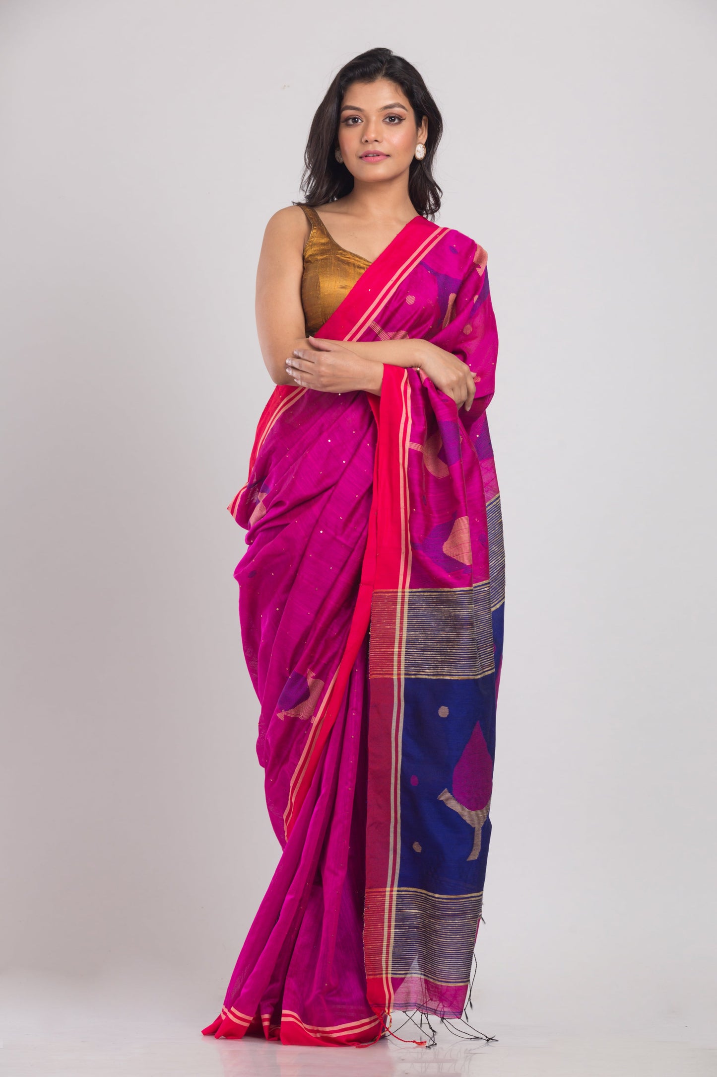 Women's Pink Cotton Blend Handloom Jamdani Saree