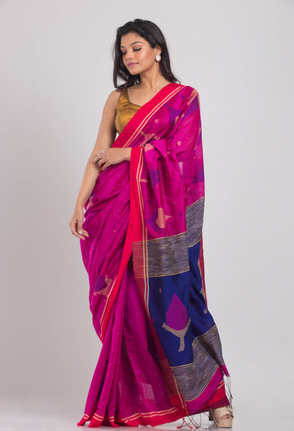 Women's Pink Cotton Blend Handloom Jamdani Saree