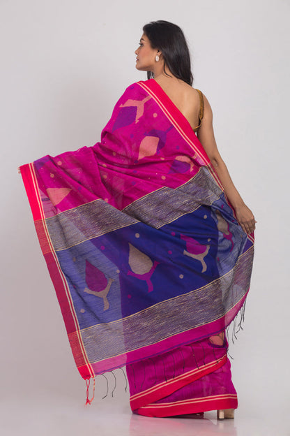 Women's Pink Cotton Blend Handloom Jamdani Saree