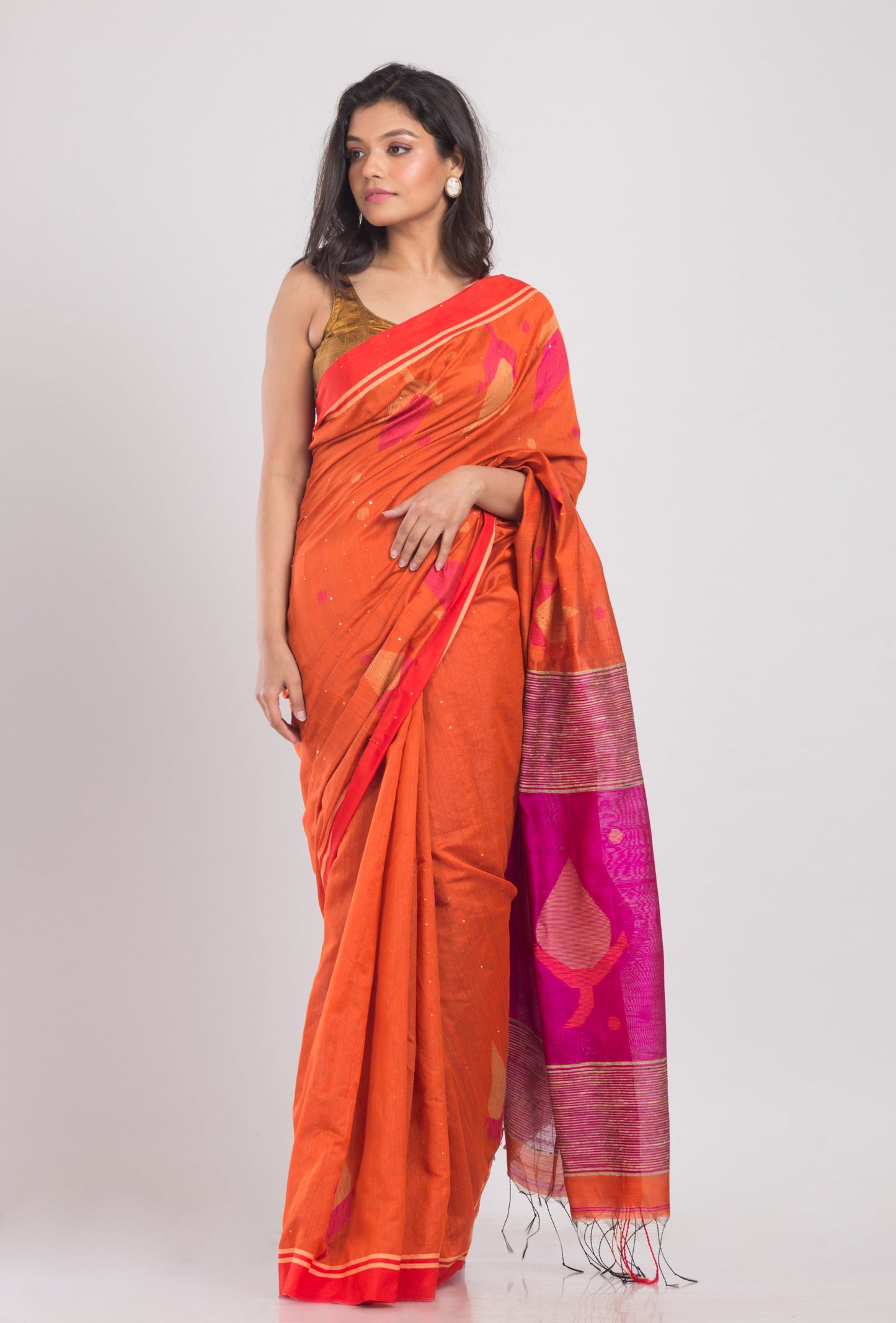 Women's Orange Cotton Blend Handloom Jamdani Saree