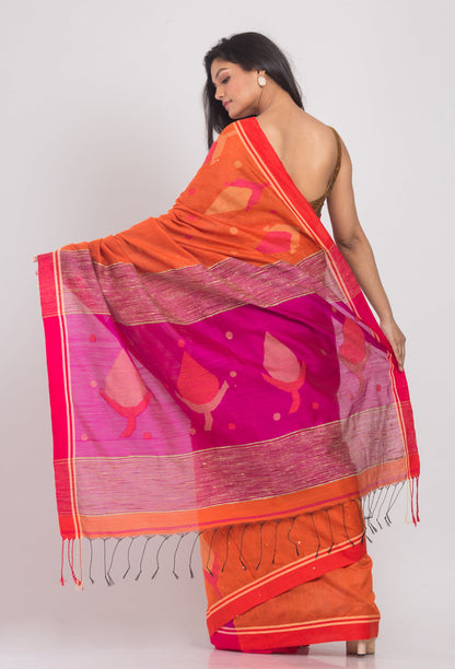 Women's Orange Cotton Blend Handloom Jamdani Saree