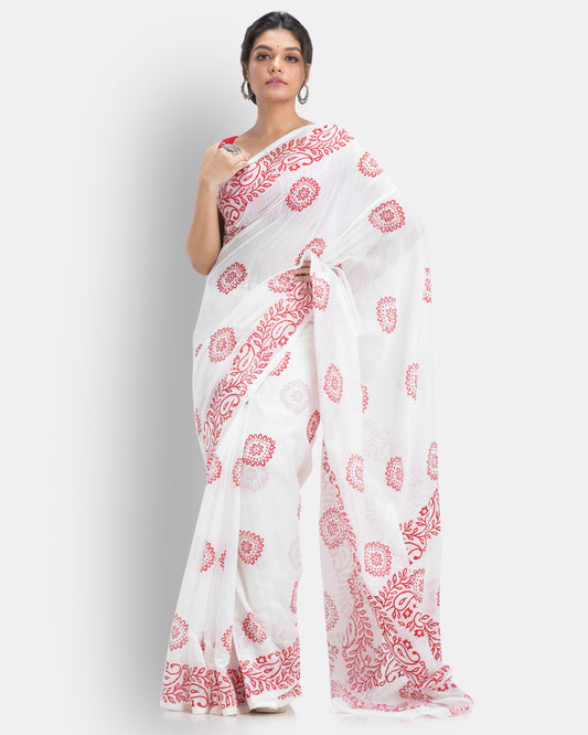 Women's Beige Cotton Blend Handloom Printed Saree