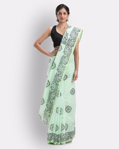 Women's Pale Green Cotton Blend Handloom Printed Saree