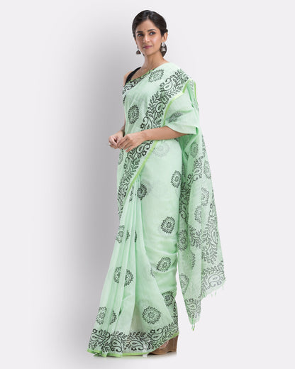 Women's Pale Green Cotton Blend Handloom Printed Saree