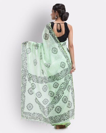 Women's Pale Green Cotton Blend Handloom Printed Saree