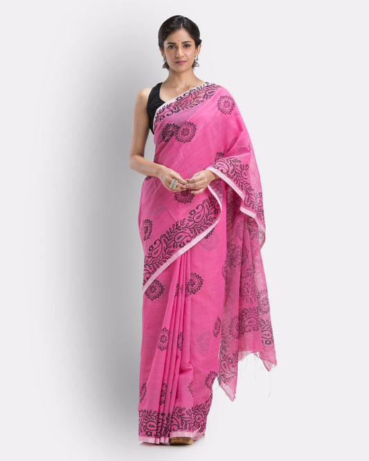 Women's Pink Cotton Blend Handloom Printed Saree