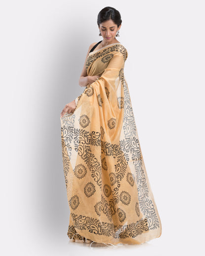 Women's Tan Cotton Blend Handloom Printed Saree