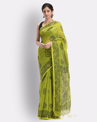 Women's Olive Cotton Blend Handloom Printed Saree