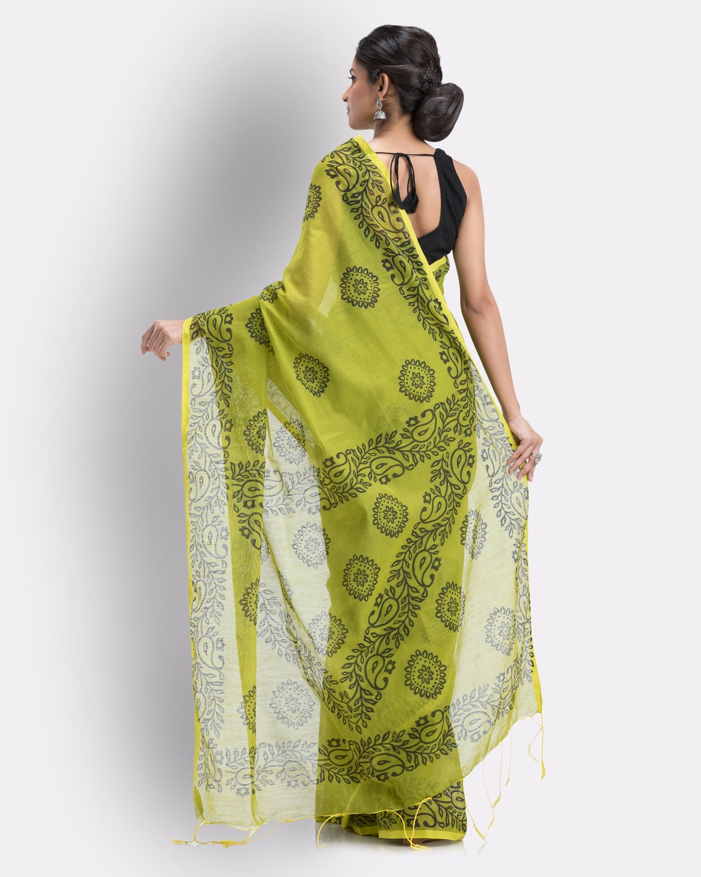 Women's Olive Cotton Blend Handloom Printed Saree