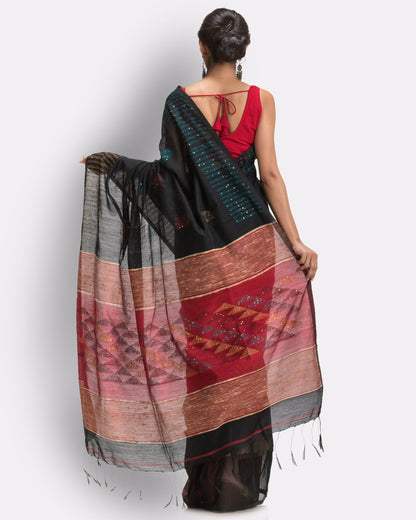 Women's Black Cotton Blend Handloom Saree