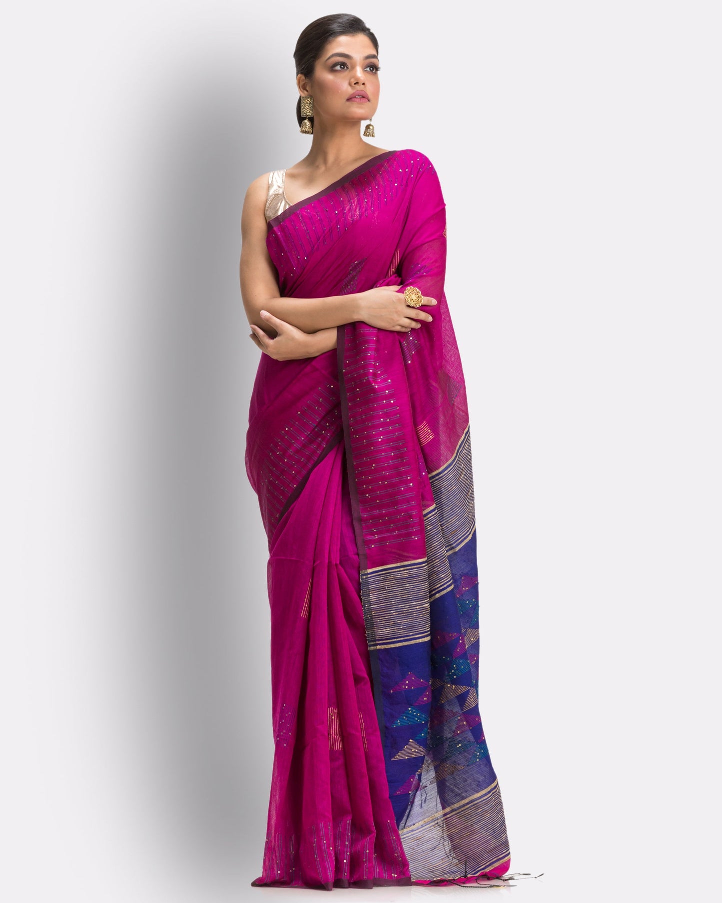 Women's Pink Cotton Blend Handloom Saree