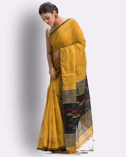 Women's Yellow Cotton Blend Handloom Saree