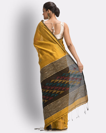 Women's Yellow Cotton Blend Handloom Saree