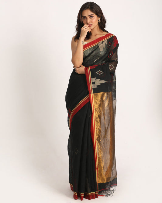 Women's Black Cotton Blend Handloom Saree