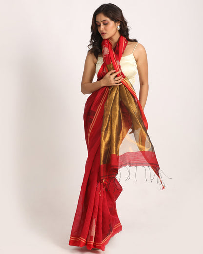 Women's Red Cotton Blend Handloom Saree
