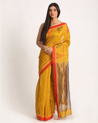 Women's Yellow Cotton Blend Handloom Saree