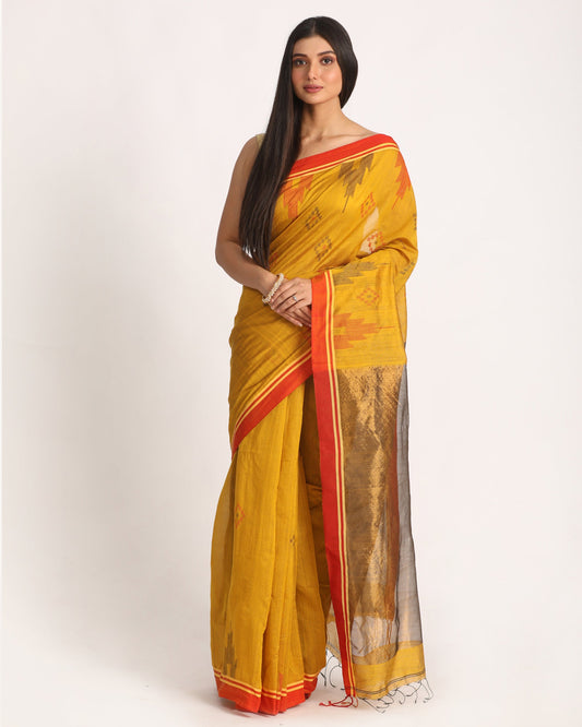 Women's Yellow Cotton Blend Handloom Saree