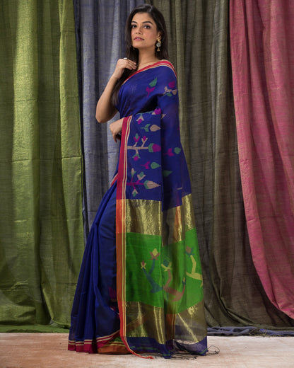 Women's Blue Cotton Blend Handloom Jamdani Saree