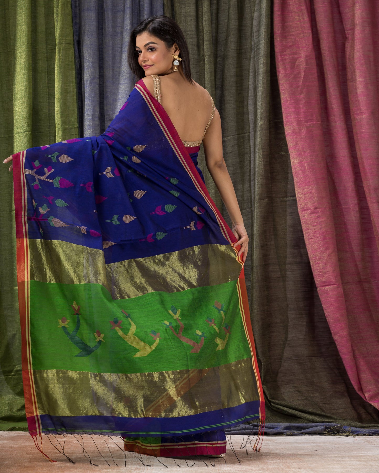 Women's Blue Cotton Blend Handloom Jamdani Saree