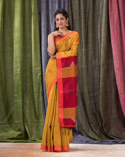 Women's Yellow Cotton Blend Handloom Jamdani Saree