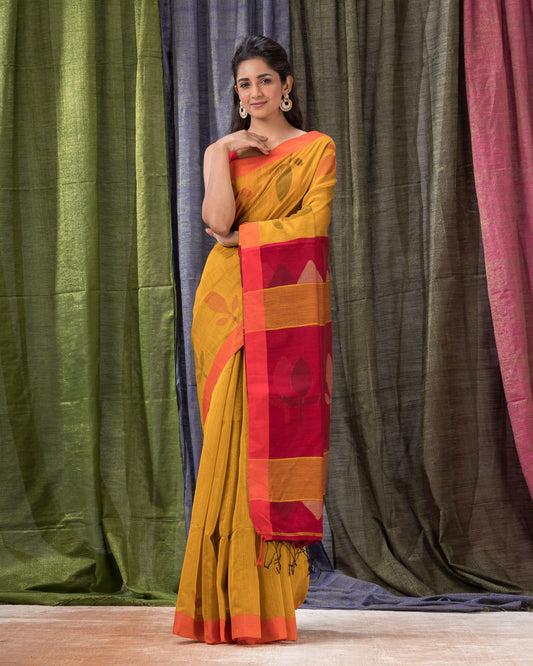 Women's Yellow Cotton Blend Handloom Jamdani Saree