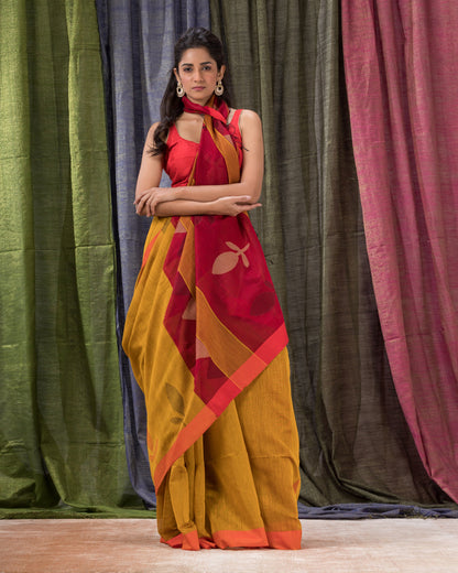 Women's Yellow Cotton Blend Handloom Jamdani Saree