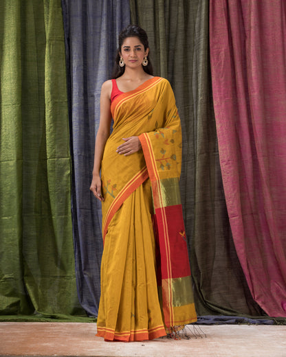 Women's Yellow Cotton Blend Handloom Jamdani Saree