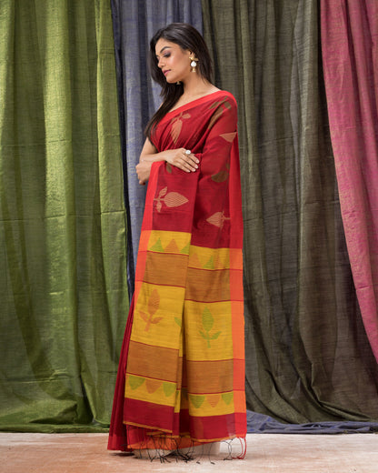 Women's Red Cotton Blend Handloom Jamdani Saree