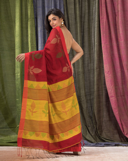Women's Red Cotton Blend Handloom Jamdani Saree
