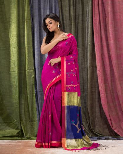 Women's Pink Cotton Blend Handloom Jamdani Saree