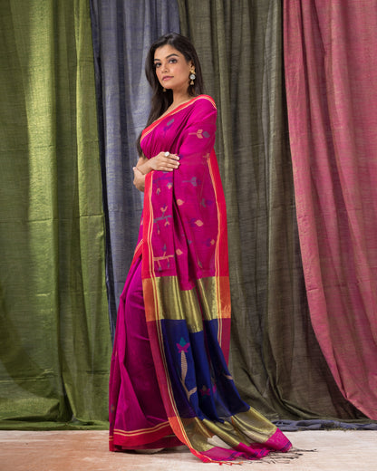 Women's Pink Cotton Blend Handloom Jamdani Saree